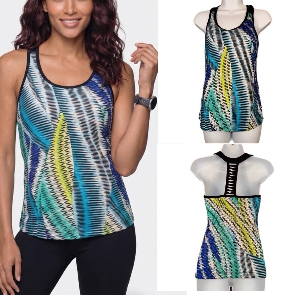 Xersion Tank Top Womens Small Blue Green Abstract Built-in Bra Racerback Workout